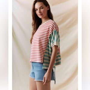 Peach Love California Red and Blue Striped Short Sleeve Color Block Top, Medium
